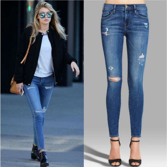 Frame Le Skinny De Jeanne Distressed Skinny Jean in Jewell Size 25 - Picture 3 of 9